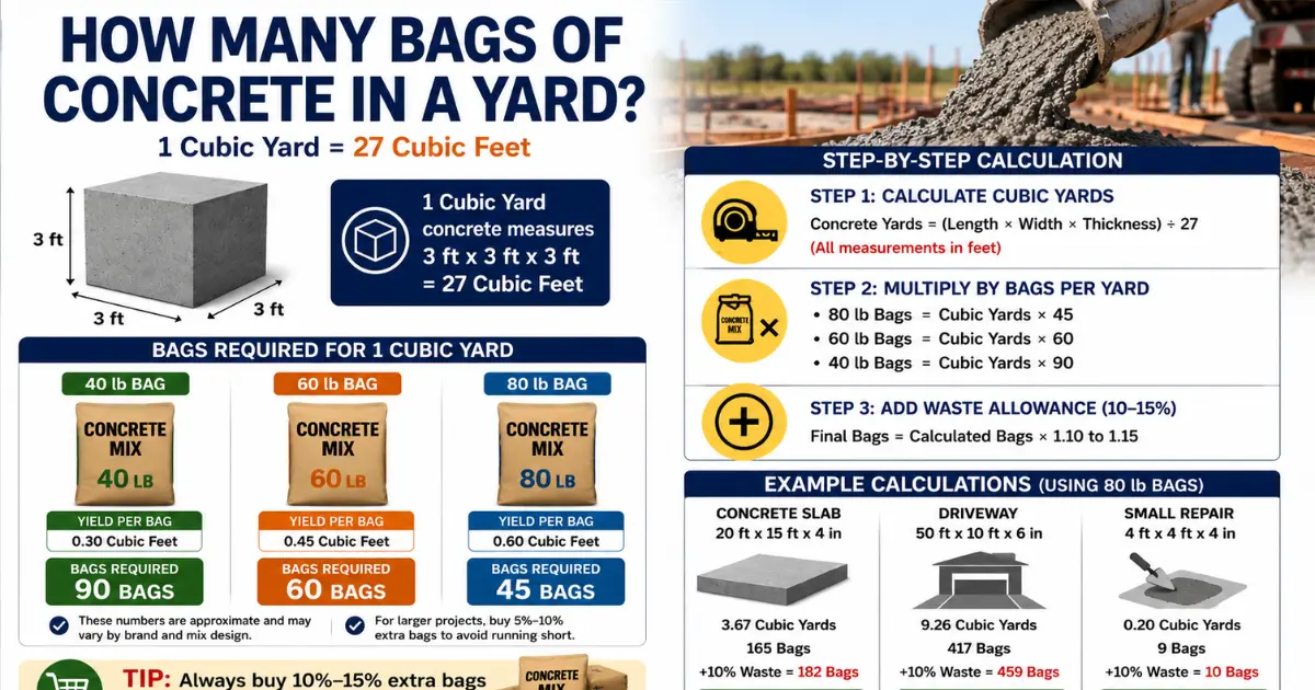 How Many Bags of Concrete in a Yard | 80lb, 60lb, 40lb Bags Calculator