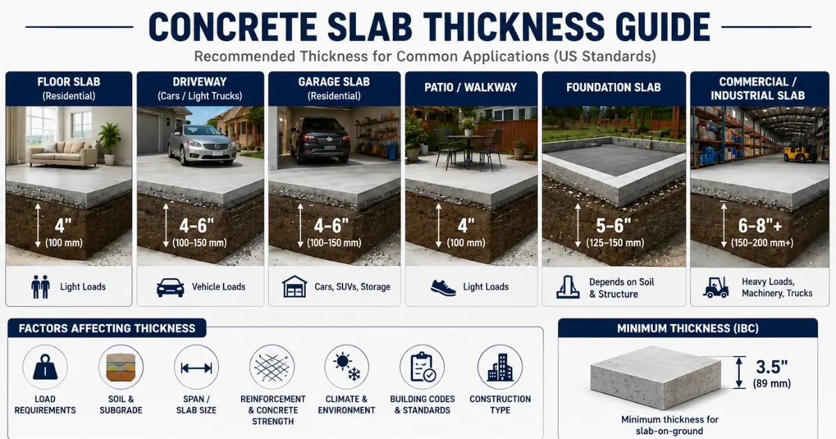 Concrete Slab Thickness Guide (2026): Minimum Thickness, Building Codes & Design Tips