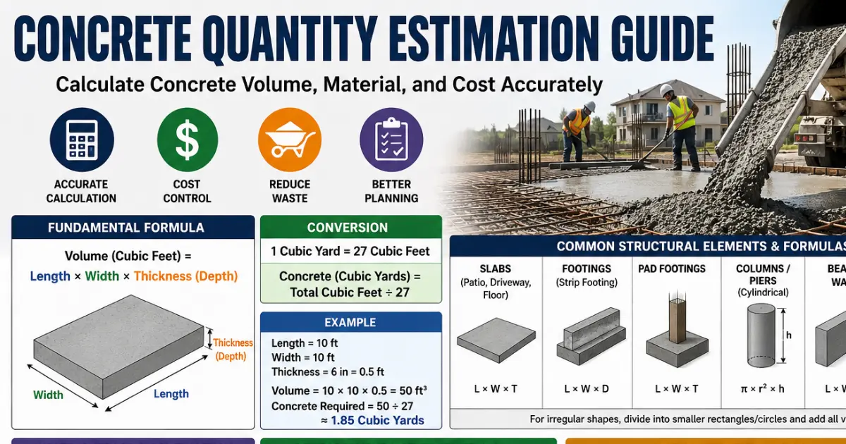 Concrete Quantity Estimation Guide (2026): Formula, Calculations, Cost & Material Estimation